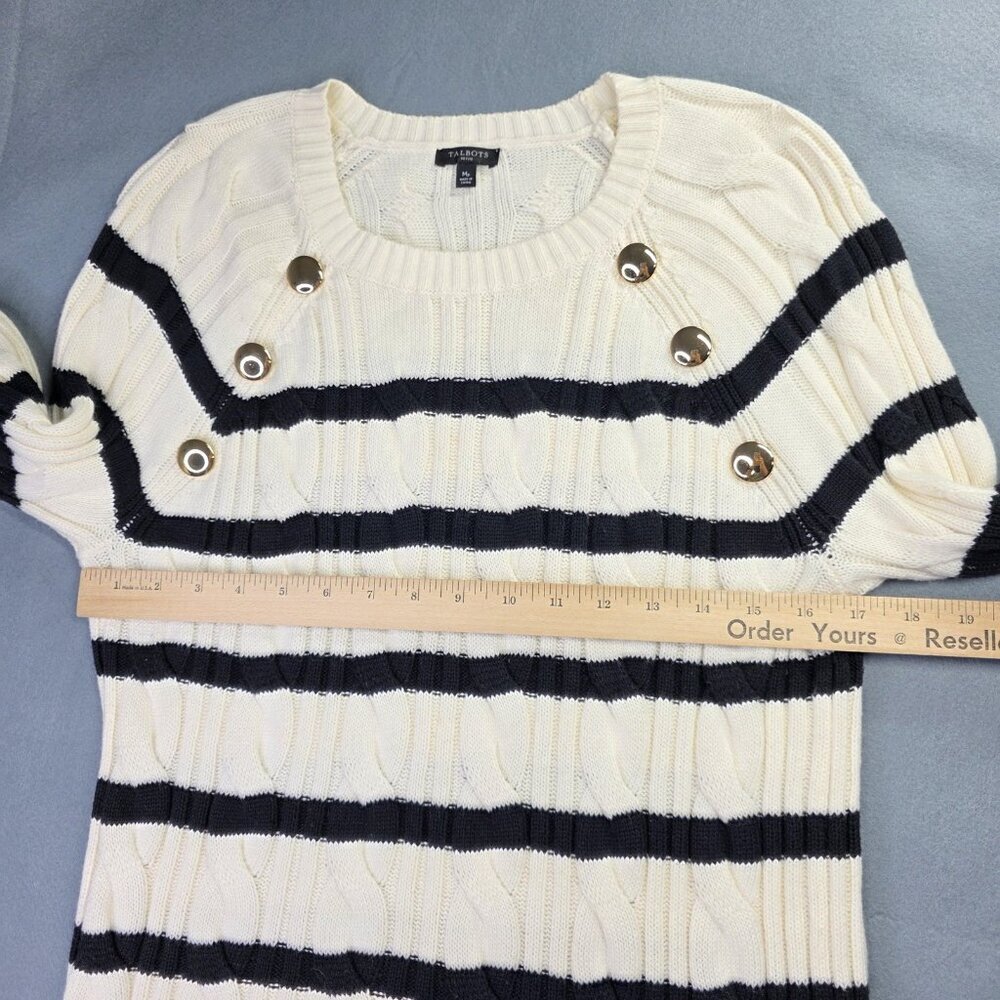 Talbots Sweater Womens M Petite White Blue Striped Cable Knit Nautical Preppy - Picture 6 of 10